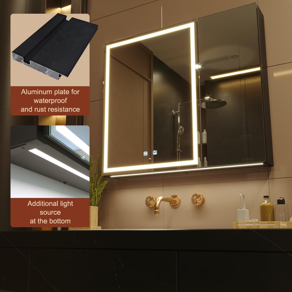 KWW LED Lighted Bathroom Medicine Cabinet with Sockets & USBs, Defogger, Dimmable, 3 Color Light Makeup Mirror, Easy to Install, Wall Mounted Cabinet (2 Door-30 * 28)