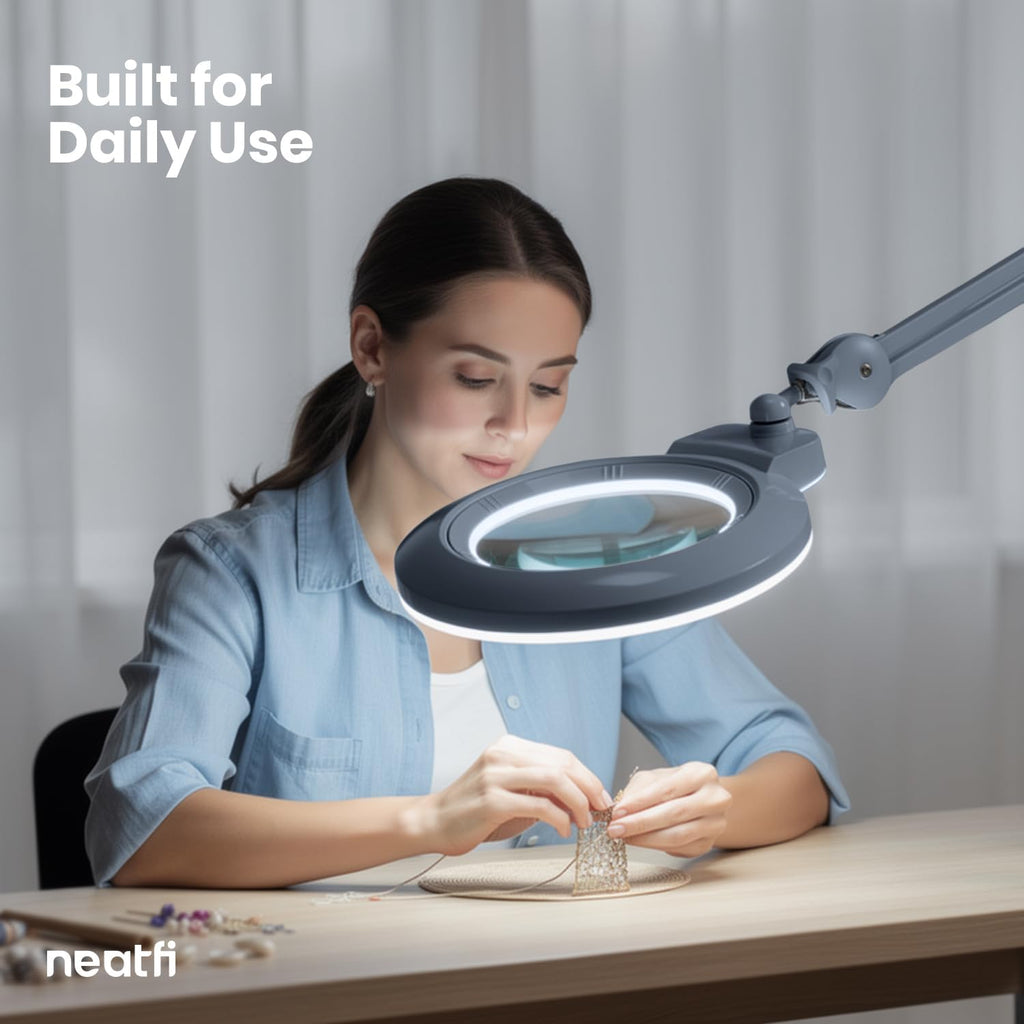 Neatfi XL Bifocal LED Magnifying Lamp, 7' Acrylic Lens, 2.25X/6X Magnification, 1,600 Lumens Dimmable | Hands-Free Close Work | Crafting, Jewelry & Reading (Gray, 7-inch Lens, Non-CCT with Clamp)