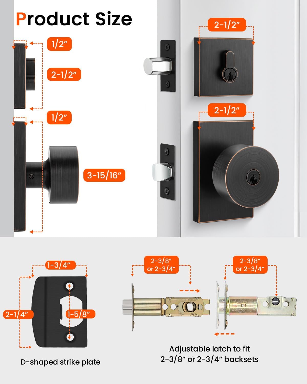 Haidms Oil Rubbed Bronze Door Knob with Deadbolt, Zinc Alloy Bronze Exterior Door Lock Set, Heavy Duty Front Door Knob and Deadbolt Set with Lock and Key, Reversible (2 Pack)