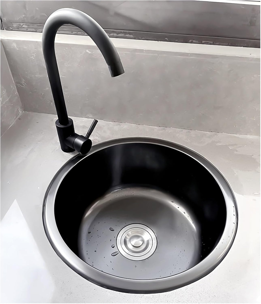Stainless Steel Kitchen Sink, Single Bowl Sink With Drain Fittings & Overflow, Small Washing Basin, Round Pool For Utility Room, Kitchen, Bar, Pub, Drop In & Undermount(Black,32cm)