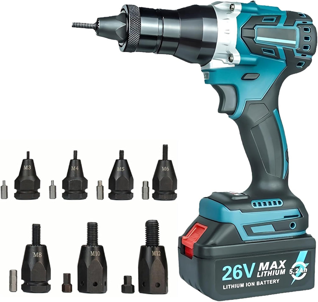 Cordless Rivet Nut Tool Set Portable Battery Powered Pop Rivet Nut Insert Installation Tool Electric Assembly Nutsert Kit for Rivet Nuts Made of Aluminum, Iron