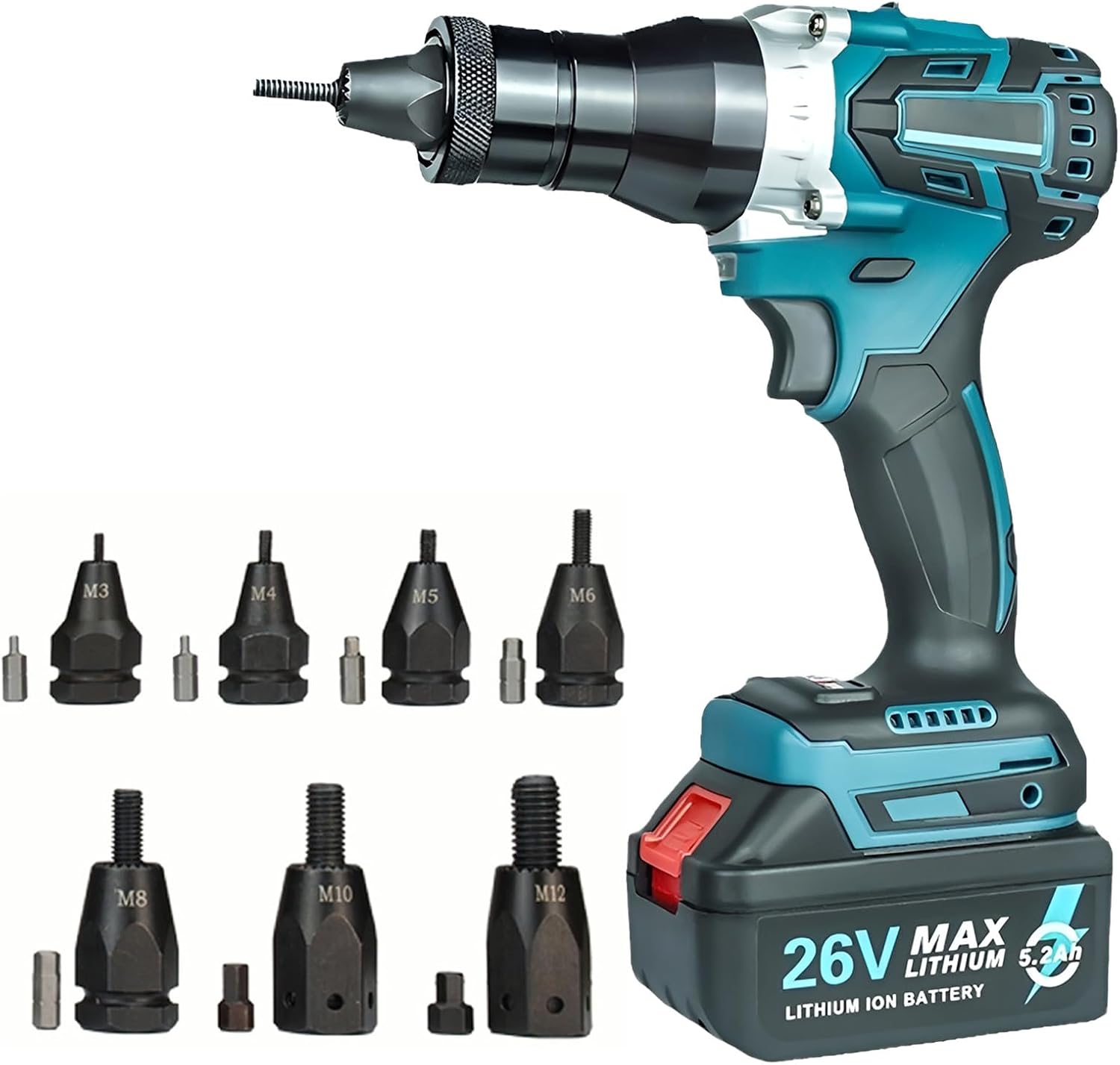 Cordless Rivet Nut Tool Set Portable Battery Powered Pop Rivet Nut Insert Installation Tool Electric Assembly Nutsert Kit for Rivet Nuts Made of Aluminum, Iron