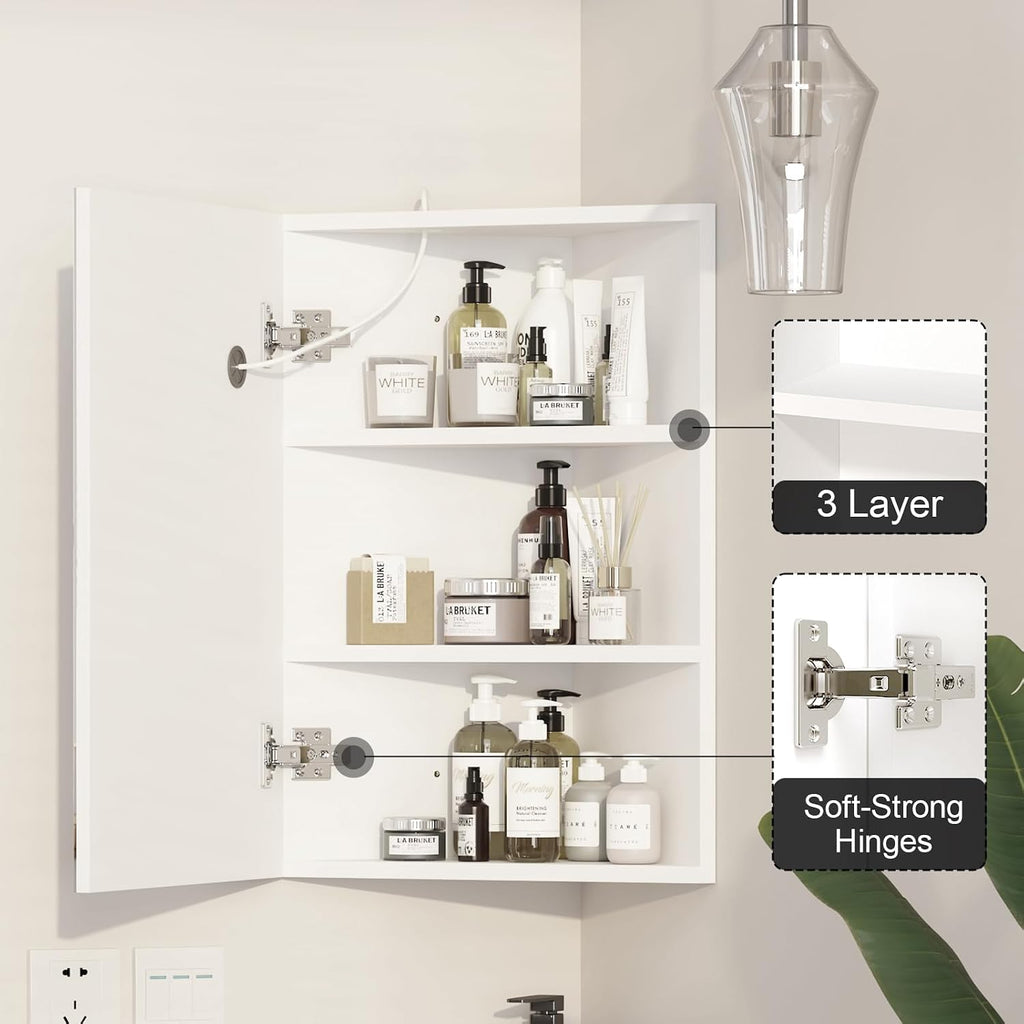 Corner Medicine Cabinet Mirror with Lights,Lighted Medicine Cabinet with Mirror,Led Mirror Cabinet for Bathroom,16x 24 Small Corner Wall Cabinet,White