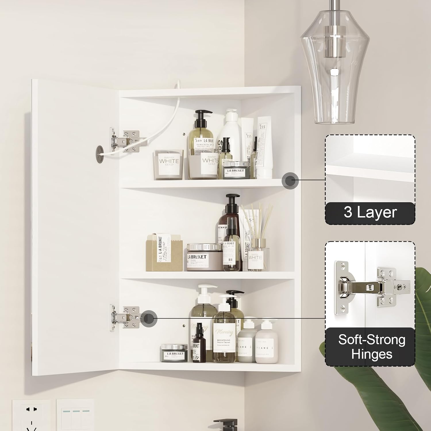 Corner Medicine Cabinet Mirror with Lights,Lighted Medicine Cabinet with Mirror,Led Mirror Cabinet for Bathroom,16x 24 Small Corner Wall Cabinet,White