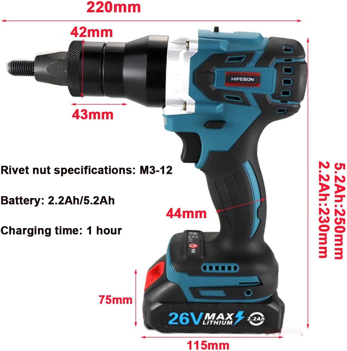 26V Portable Battery Powered Riveter, 2-in-1 Cordless Rivet Nut Gun Set, Battery Powered Pop Rivet Insert Installation Tool, Electric Rivet Nut Gun for M3 M4 M5 M6 M8 M10 M12(2200mAh,2Battery)
