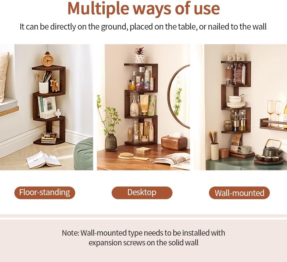 4 Tier Corner Desktop Bookshelf, Corner Shelf Wall Mounted, Multipurpose Shelving Unit, Solid Wood Corner Shelves, Floating Desktop Organizer for Living Room Bedroom Study Office(Natural)