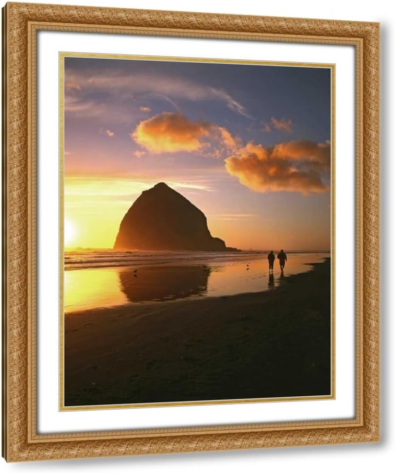 Terrill, Steve 20x24 Gold Ornate Frame and Double Matted Museum Art Print Titled OR, Cannon Beach Couple by Haystack Rock, sunset