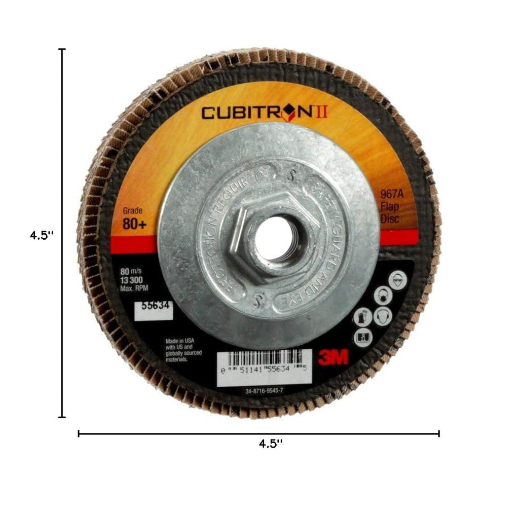 3M Cubitron II Flap Disc 967A, 80+, T27 Quick Change, 4-1/2 in x 5/8'-11, Giant, Pack of 10, Medium Pressure Applications, Light Deburring, Scale Removal, Oxide Removal, Surface Prep