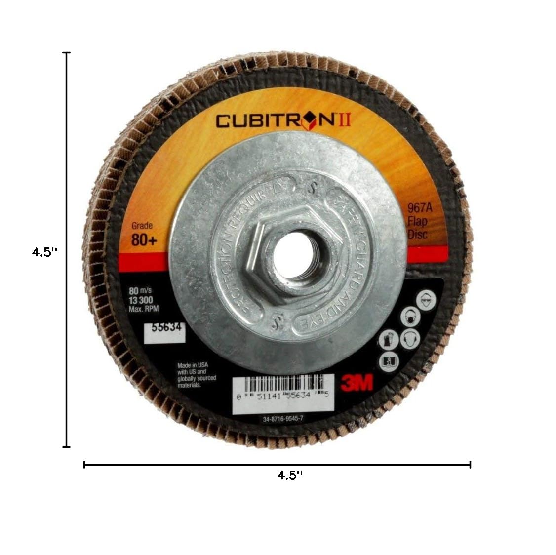 3M Cubitron II Flap Disc 967A, 80+, T27 Quick Change, 4-1/2 in x 5/8'-11, Giant, Pack of 10, Medium Pressure Applications, Light Deburring, Scale Removal, Oxide Removal, Surface Prep