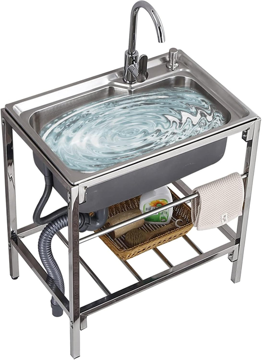 Free Standing Single Bowl Sink Stainless Steel Utility Sink Laundry Tub with Faucet and Storage Shelves, Heavy Duty Wash Station for Outdoor Indoor, 28x18.5x29.5inch