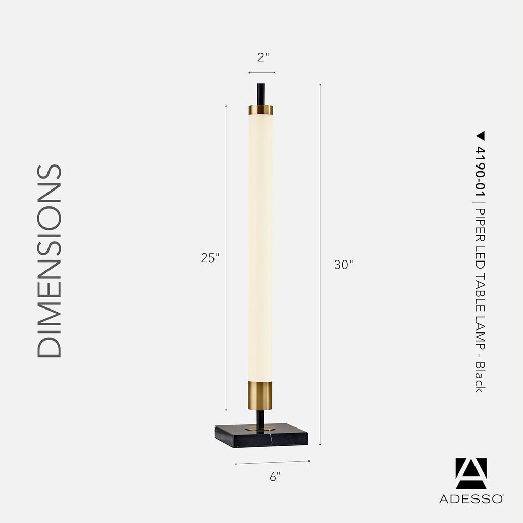Adesso LED Table Lamp – Black with Antique Brass and Frosted Shade, 4-Way Brightness, 12W Integrated LED Accent Light for Living Room, Bedroom, and Home Office, 30' Tall