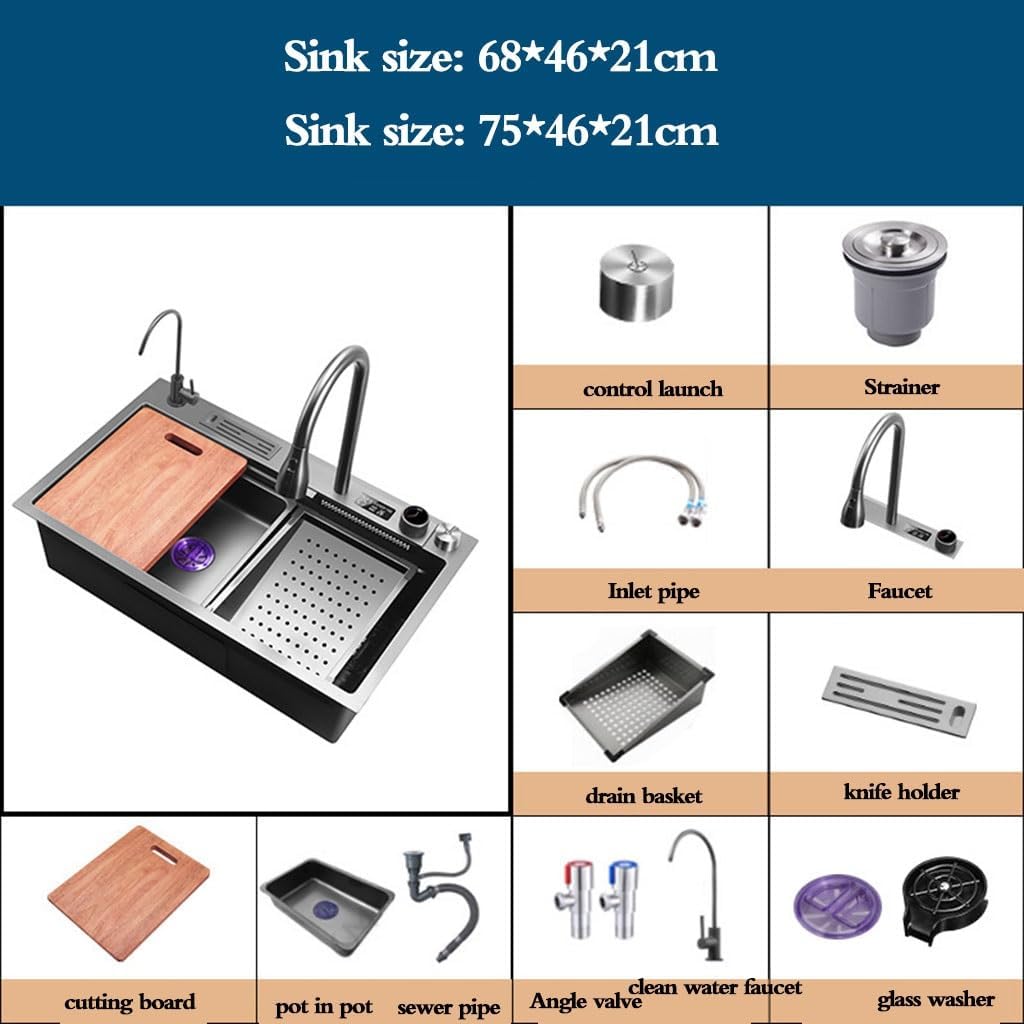 Single Bowl Digital Display Stainless Steel Single Bowl Sink Kitchen Wash Basin Embedded Vegetable Sink Button Control Water Outlet Siphon Sink (75 * 46 * 21Cm