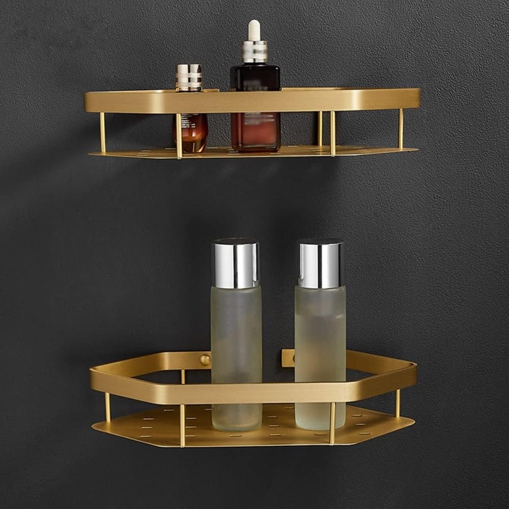 Floating Shelves Shower Caddy Creative Total Brass Brushed Gold Bathroom Corner Shelf Wall Mounted Kitchen Storage Holder Multifunctional Shampoo Shower Gel Seasoning Bottles Holde(2 Tier)