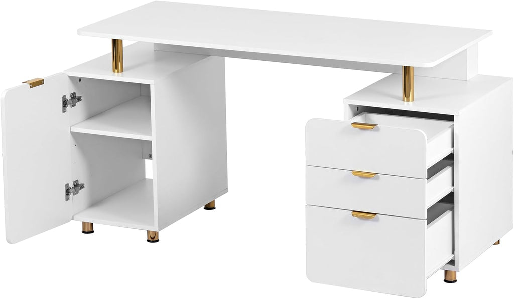 Elegant 57' W Executive Desk with 3 Drawers and Storage Cabinet, Modern Office Desk with Gold Accents, Floating Work Surface, Closed Storage with Ventilation & Adjustable Shelf (White,Gold)