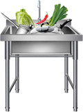 Commercial Kitchen Sink Stainless Steel Single Bowl Sink, Freestanding Hand Wash Sink for Garage Restaurant Kitchen Outdoor