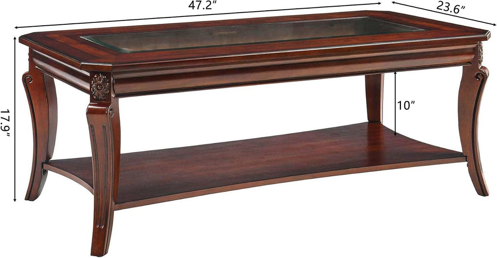 Traditional Rectangle Coffee Table with Tempered Glass for Living Room, Farmhouse Cocktail Table with Storage Shelf, Sofa Center Table for Office, 23.6'D x 47.2'W x 17.9'H,Cherry Brown KFZ-A1168-GT