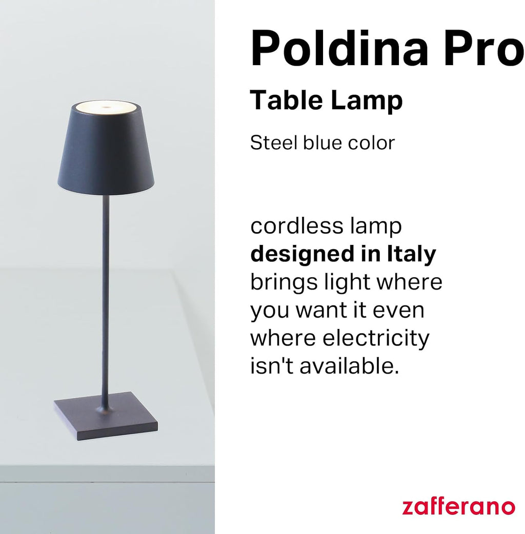 Zafferano, Poldina Pro Lamp, Rechargeable Cordless Table Lamp with Touch Controls, Suitable for Indoor and Outdoor, Dimmer, 2200-3000 K, Height 14.9 Inches, Steel Blue Color