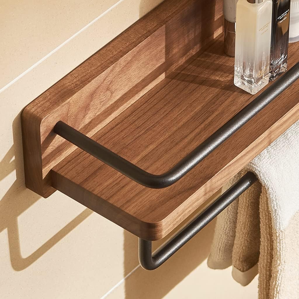 Bathroom Shelf -No Punching,Wall Mounted Shower Rack Set of 2,Wood Floating with Towel Bar,Perfect for Kitchen, Toilet