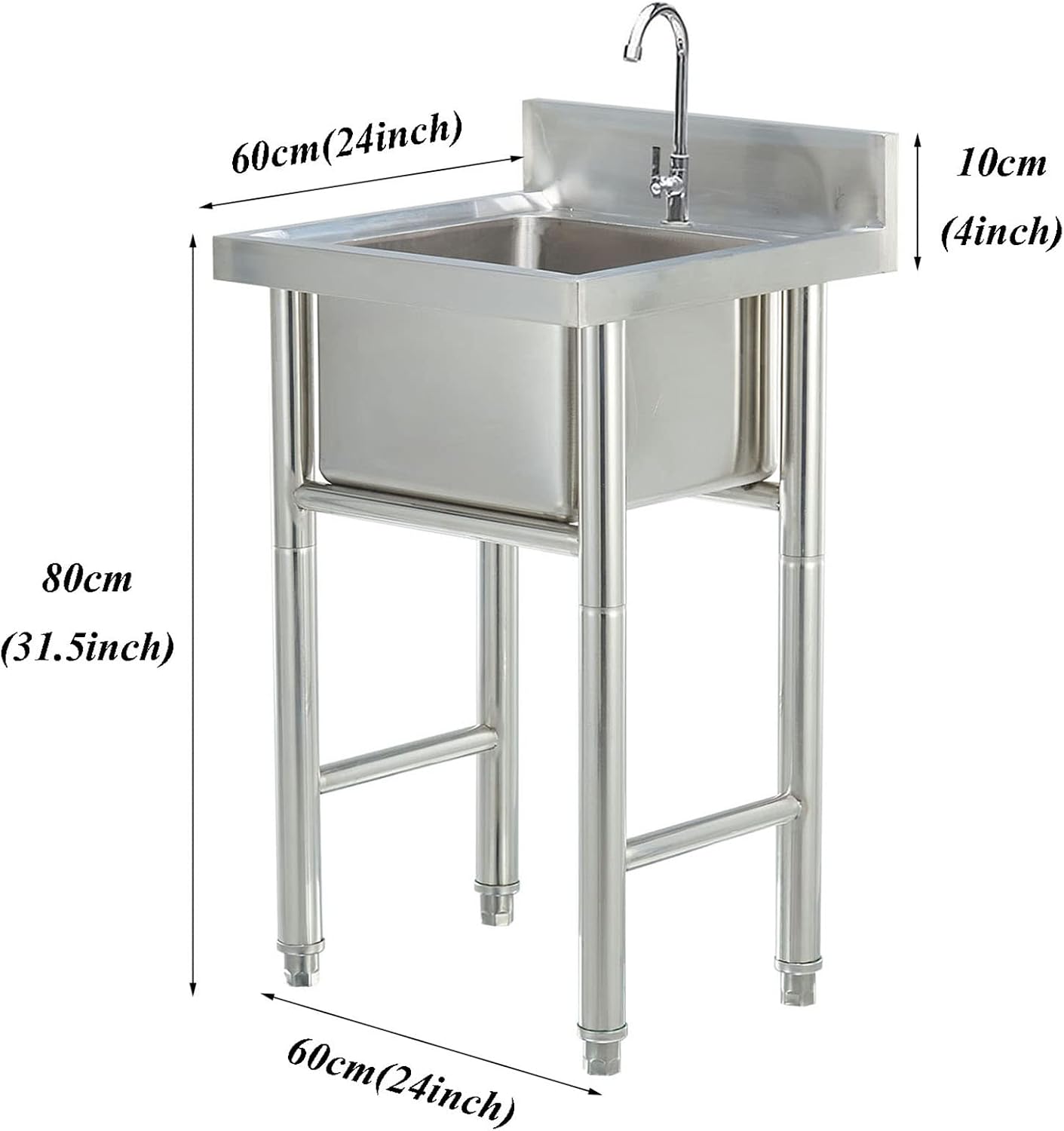Single Bowl Sink 1 Compartment 304 Stainless Steel Commercial Kitchen Prep Utility Sink Free Standing Sink for Garage, Restaurant, Laundry Room, Indoor Outdoor