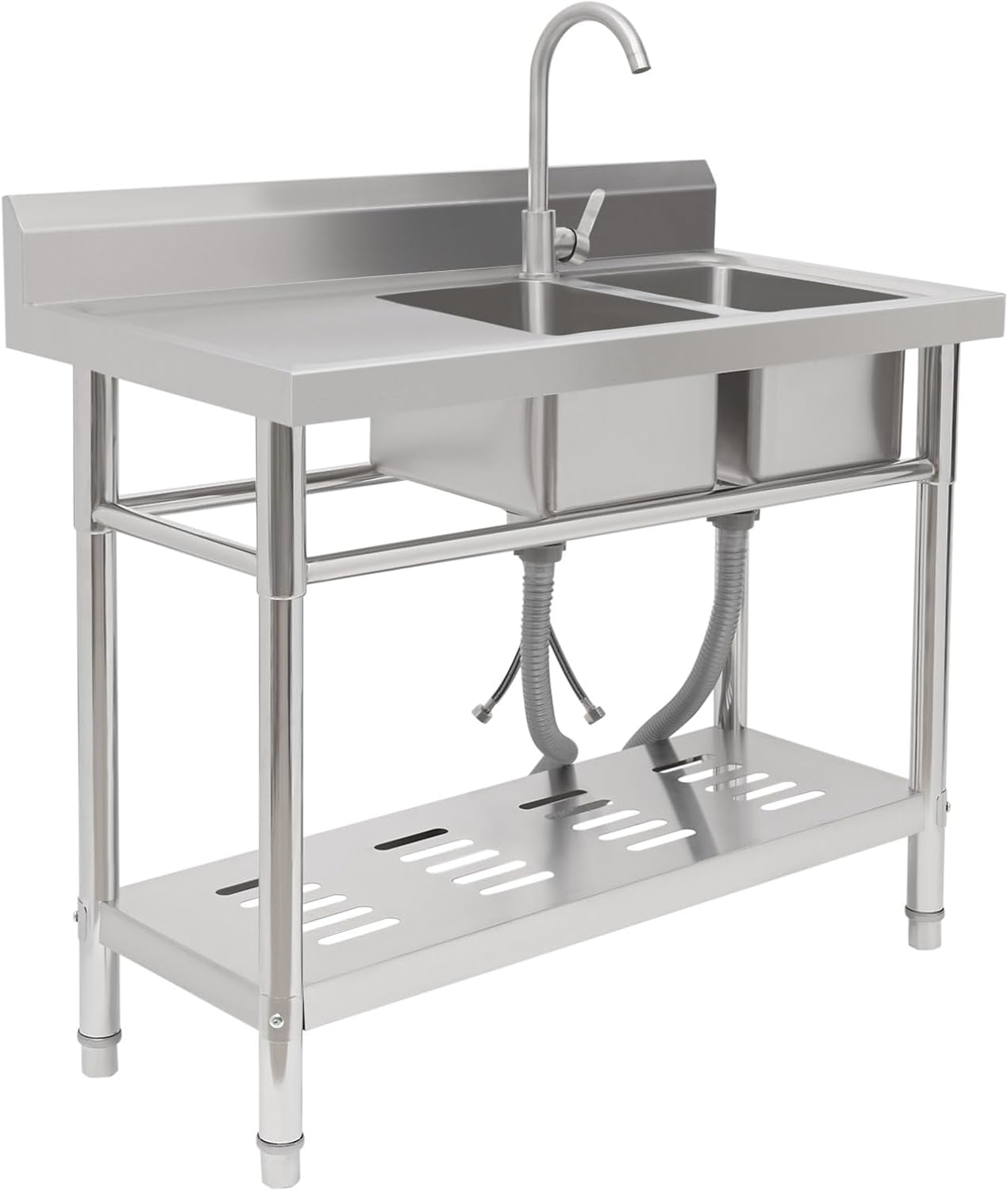 Stainless Steel Sink 2 Compartment Commercial Utility Sink Free Standing Kitchen Sinks with Cold and Hot Water Faucets for Kitchens, Garage, Laundry Room (39.4'W x 19.7'D x 36.6'H)