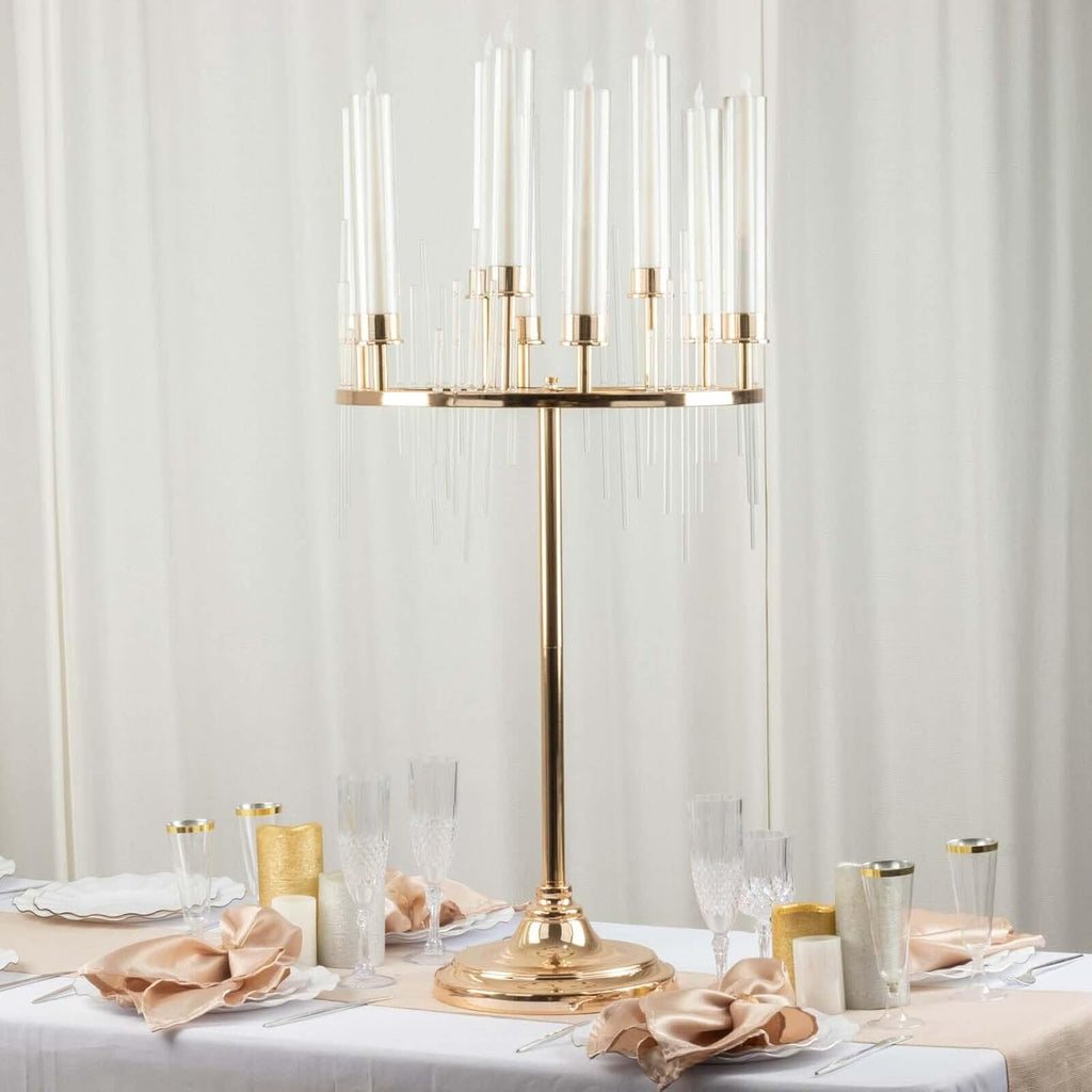 Efavormart 40' Tall 9-Arm Gold Candelabra Centerpiece, Luxury Taper Candle Holder with Clear Glass Hurricane Shades & Crystal Drip Accents for Weddings