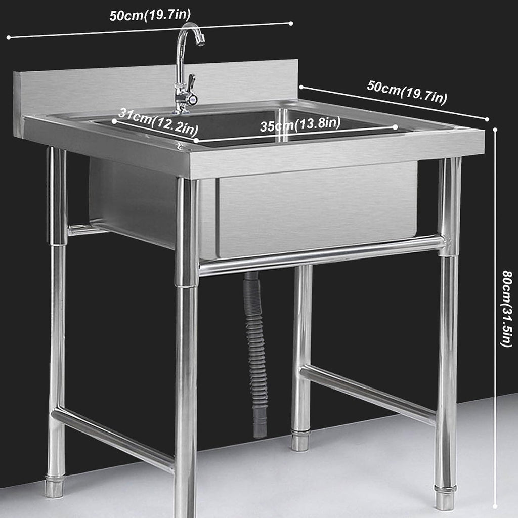 Stainless Steel Commercial Kitchen Sink with Faucet and Drain Pipe Single Bowl Sink Free Standing Sink for Indoor Outdoor, Silver