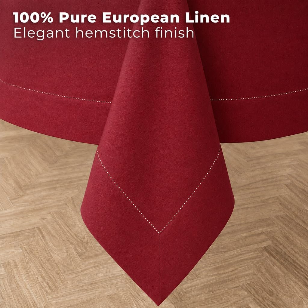 Signature Linen™ by D'Moksha Red Tablecloth, Rectangle Tablecloth 60 x 144 Inch, 100% Pure Linen, Hemstitch, Machine Washable, Long Table Cloth- Summer