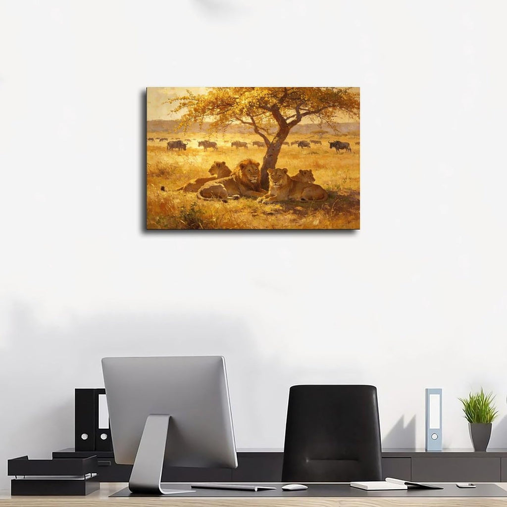 African Lions Wall Art Print, Lion Pride Resting Under Acacia Tree at Golden Sunset, Safari Wildlife Painting Poster 24x36inch(60x90cm)