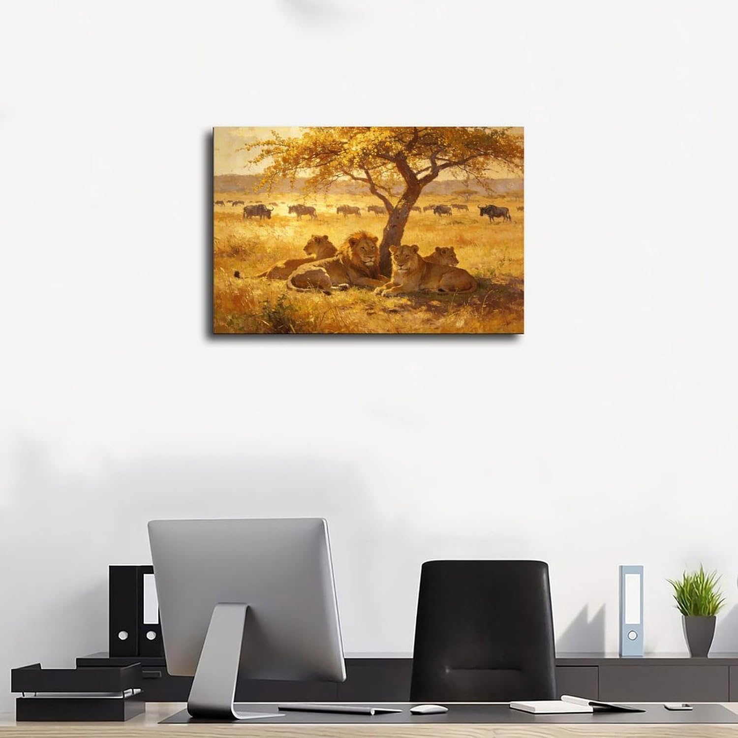 African Lions Wall Art Print, Lion Pride Resting Under Acacia Tree at Golden Sunset, Safari Wildlife Painting Poster 24x36inch(60x90cm)