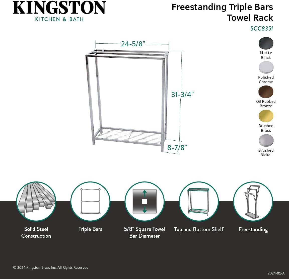 Kingston Brass SCC8350 Edenscape Freestanding Iron Towel-Rack, Matte Black 24.63 x 8.88 x 31.75