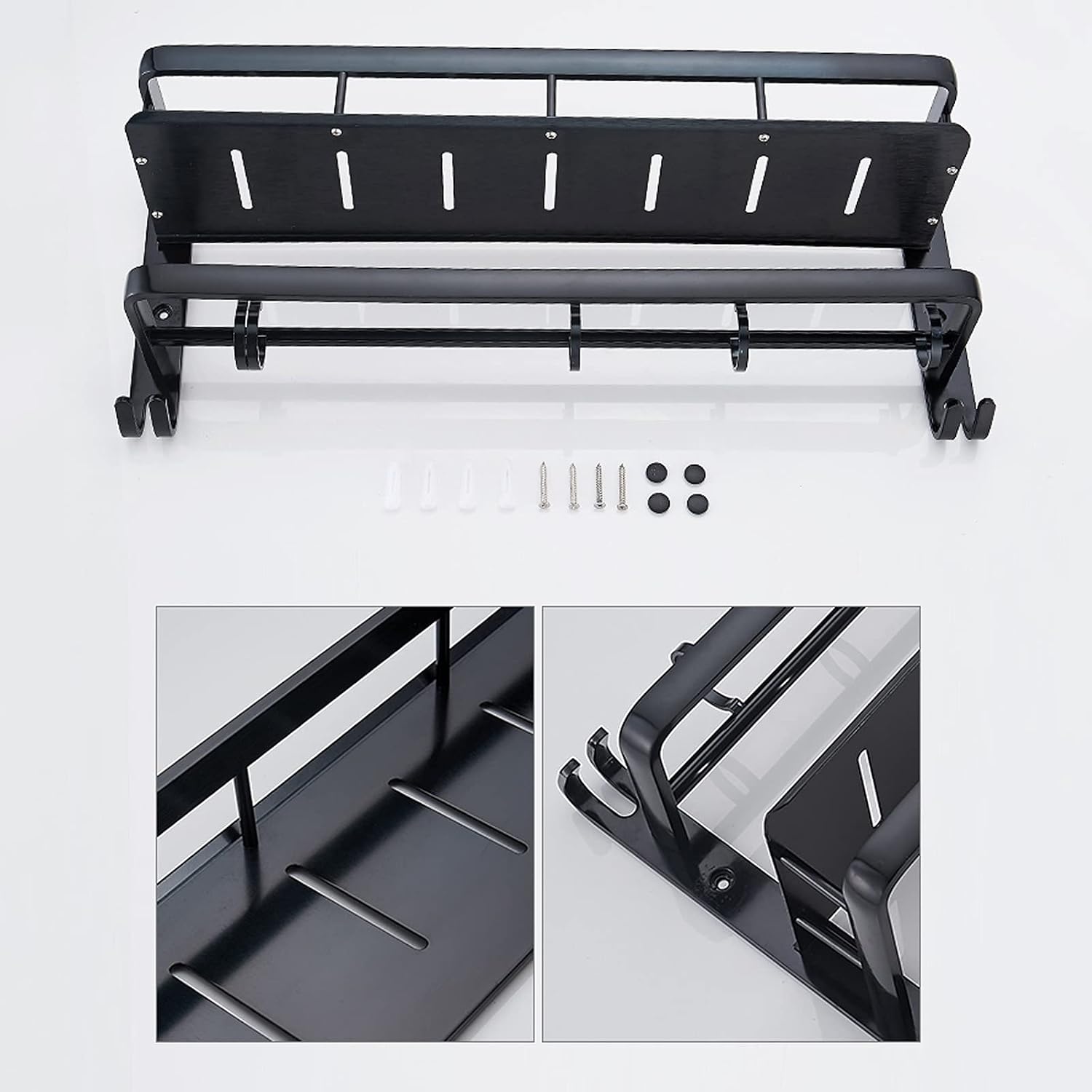 TOMYEUS Bathroom Shelf Floating Shelves Wall Mounted，Bathroom Shelf with Rail,with Towel Bar and Towel Hooks，Strong Black Metal Frame Bathroom Wall Shelves (Size : 60 cm Long)