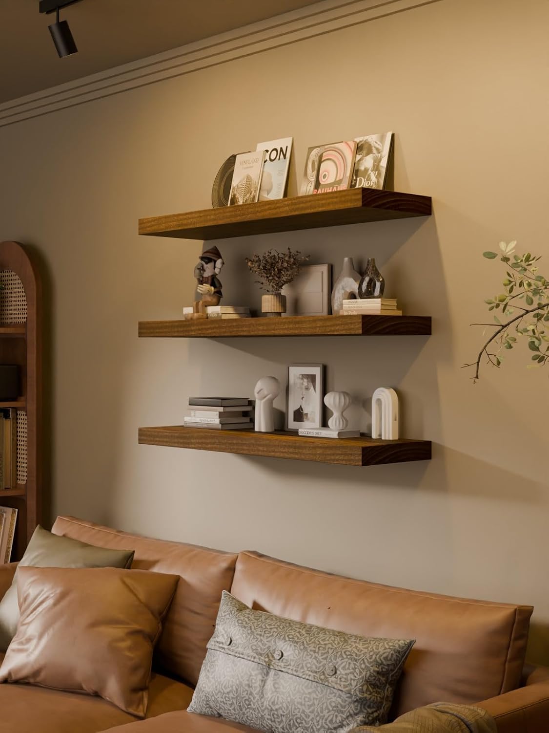 36-Inch Floating Shelves, Set of 3 Wall Mounted Storage Ledges, 12-Inch Deep Extra-Thick Solid Paulownia Wood Shelving for Kitchen, Living Room, Bedroom & Bathroom, Walnut Finish
