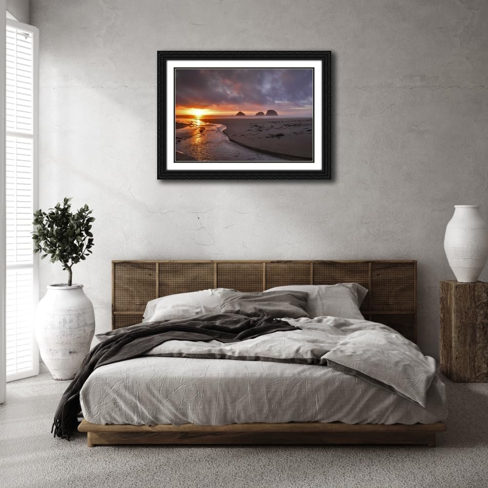 ArtDirect Terrill, Steve 40x28 XL Black Ornate Framed and Double Matted Museum Art Print Titled Oregon, Oceanside Sunset on Three Arch Rocks