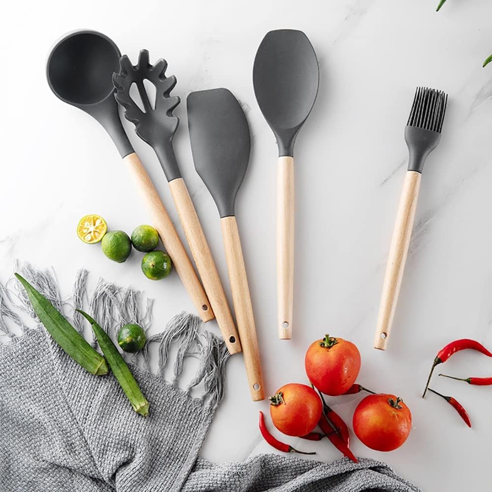 Silicone Kitchenware Cooking Utensils Set Non-stick Cookware Spatula Shovel Egg Beaters Wooden Handle Kitchen(Gray)