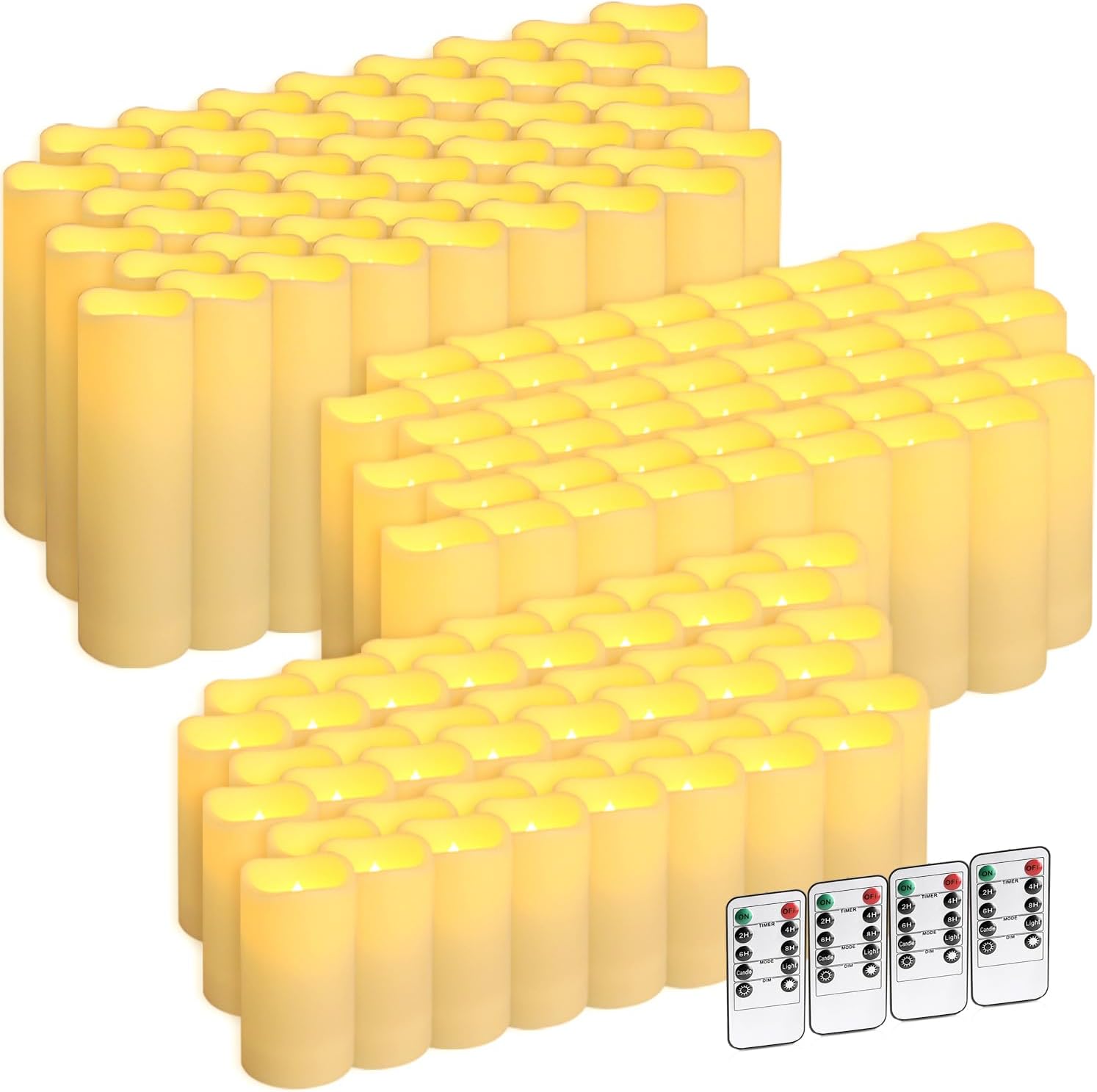 144-Pack LED Flameless Flickering Candles with Remote Control and 2/4/6/8 H Timer Led Pillar Candles of Wedding, Table, Halloween,Christmas Decorations and Special Occasions (Three Sizes)