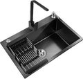 JATIBOSH Kitchen Sink 304 Stainless Steel Sink Household Black Single Bowl Sink Workstation with Square Faucet + Drain Basket (Size : 50x40cm)