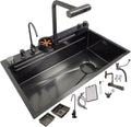 304 Stainless Steel Sink,Multi-Function Kitchen Sink,Single-Bowl Sink Waterfall Faucet Complete Accessories for Bar Restaurant Hotel Home (Dark Grey-68X45X22CM