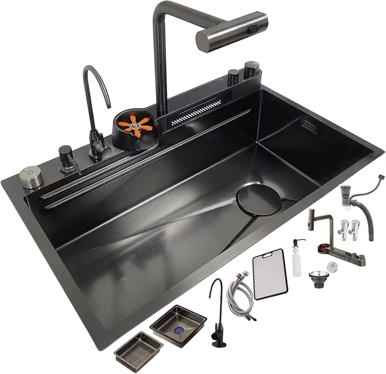 304 Stainless Steel Sink,Multi-Function Kitchen Sink,Single-Bowl Sink Waterfall Faucet Complete Accessories for Bar Restaurant Hotel Home (Dark Grey-68X45X22CM
