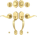 Double Front Door Handle Set with Dummy and Deadbolt, Brushed Gold Entry Front Door Lock Set with Gold Classic Half Grip Curved Door Handle for Exterior Doors or Office, Satin Brass