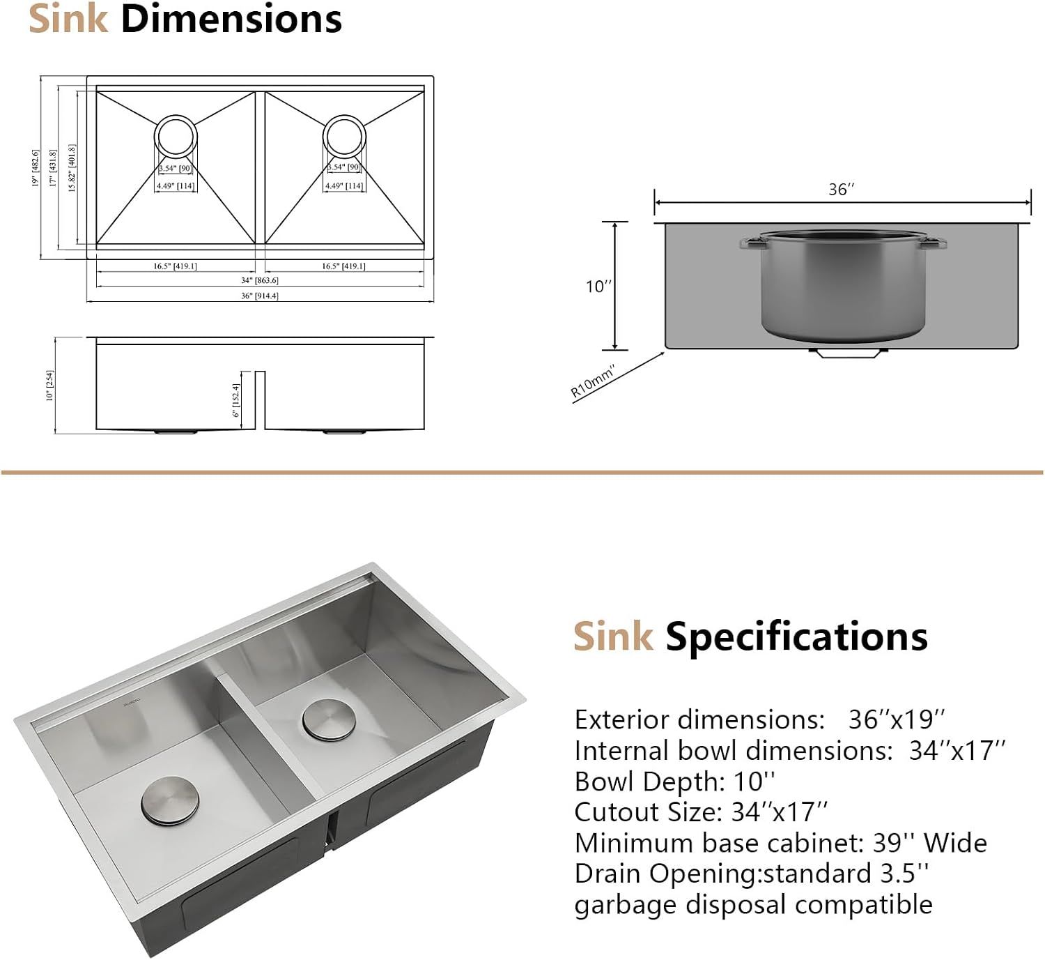 Dcolora 36 Inch Large Double Bowl Low-Divide Kitchen Sink Undermount 16 Gauge Stainless Steel 50/50 Split with Workstation, 36'x19'x10' Double Basin, DC-U7738