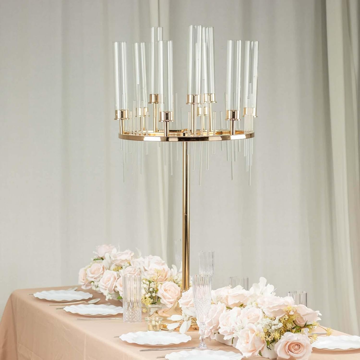 Efavormart 40' Tall 9-Arm Gold Candelabra Centerpiece, Luxury Taper Candle Holder with Clear Glass Hurricane Shades & Crystal Drip Accents for Weddings