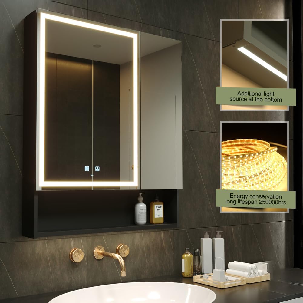 KWW LED Lighted Bathroom Medicine Cabinet with Sockets & USBs, Defogger, Dimmable, 3 Color Light Makeup Mirror, Easy to Install, Wall Mounted Cabinet (2 door-30 * 34)