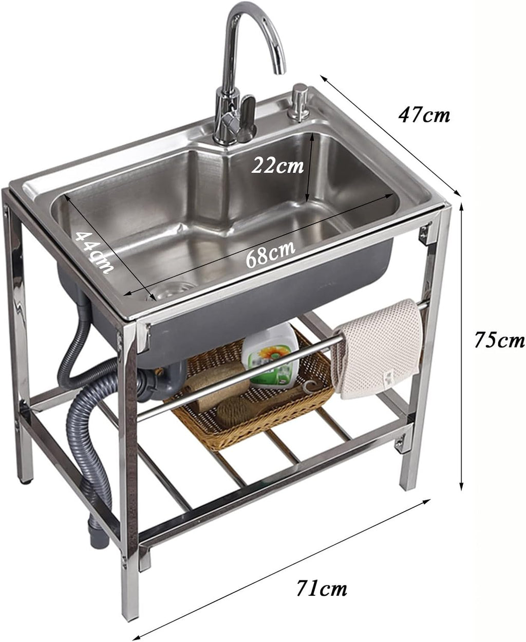 Free Standing Single Bowl Sink Stainless Steel Utility Sink Laundry Tub with Faucet and Storage Shelves, Heavy Duty Wash Station for Outdoor Indoor, 28x18.5x29.5inch
