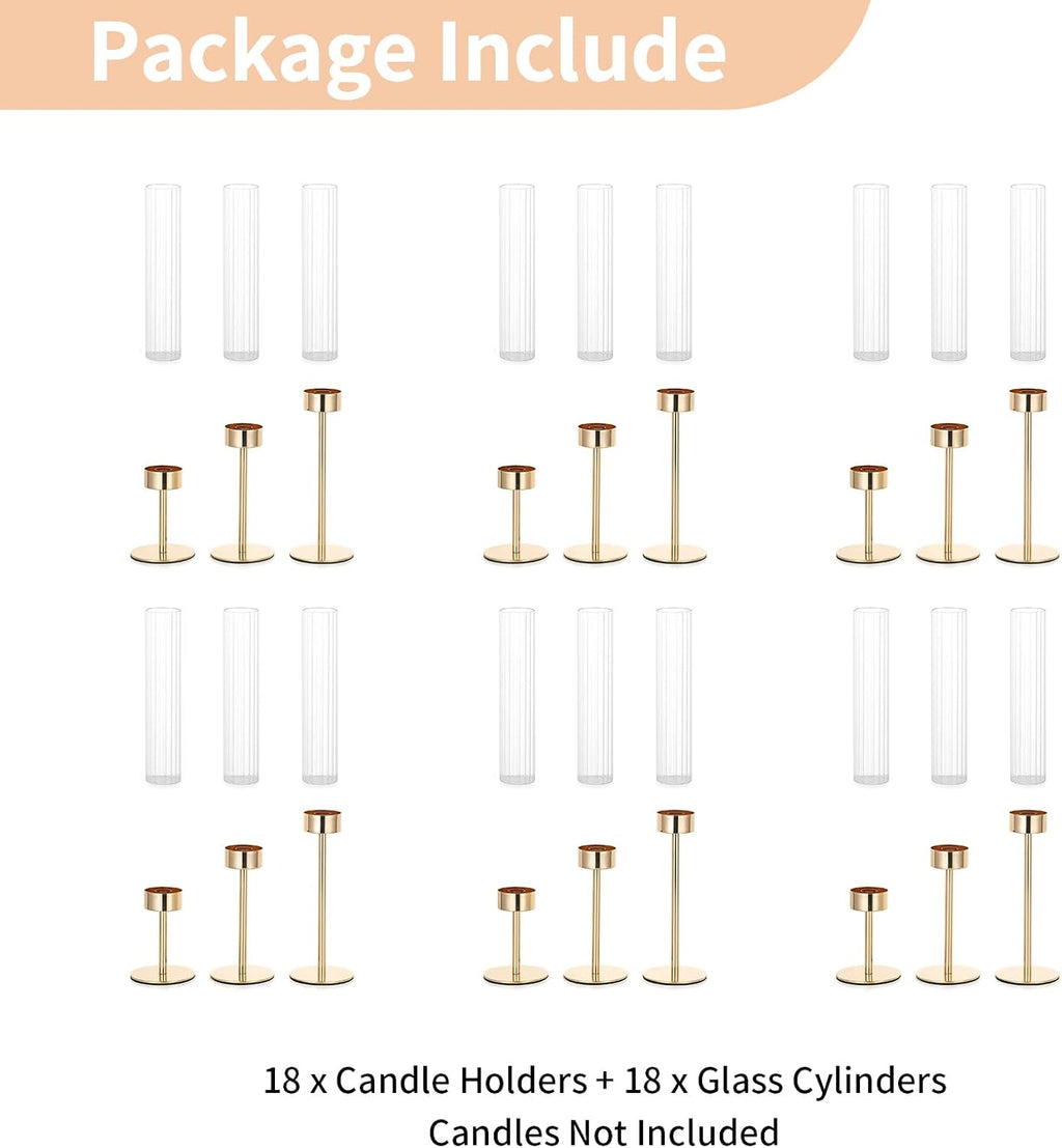 NUPTIO Hurricane Glass Candles Holder: 18 Pcs Gold Taper Candle Stick Holder Bulk - Modern Candlestick Decor with Tall Ribbed Chimney Sleeve for Thanksgiving Christmas Centerpiece