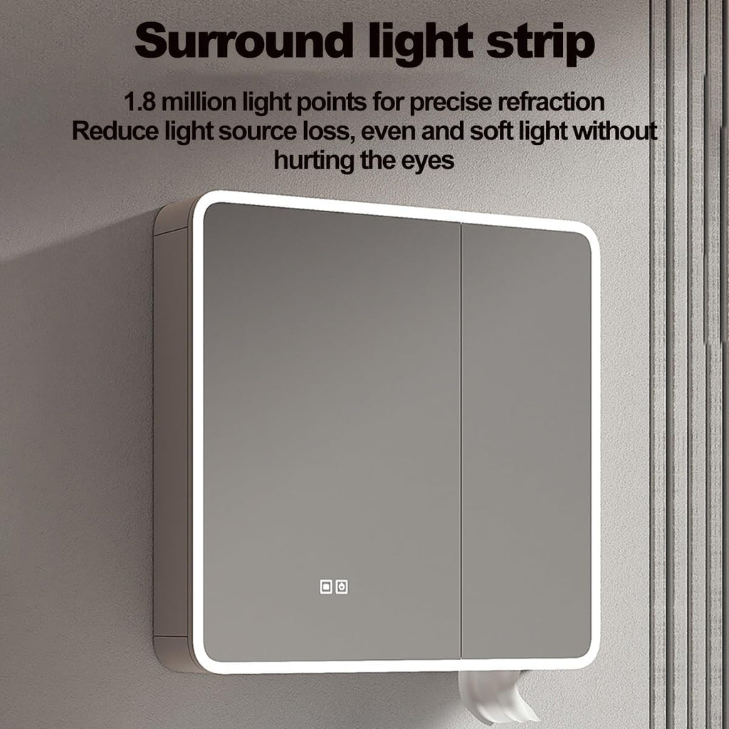 Rounded Corner Medicine Cabinet with LED Lights, Anti-Fog Bathroom Mirror Storage Shelf, Wall-Mounted Vanity Mirror for Bathroom, Stylish & Functional Design,Beige,60cm/24in