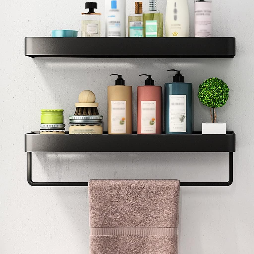 Multifunctional Shower Caddy Floating Shelves Bathroom Shelf Aluminum Black Shower Gel Corner Shelf Punch-Free Cosmetics Organizer Shelf Wall Mounted Kitchen with Towel Bar/50Cm (40cm)
