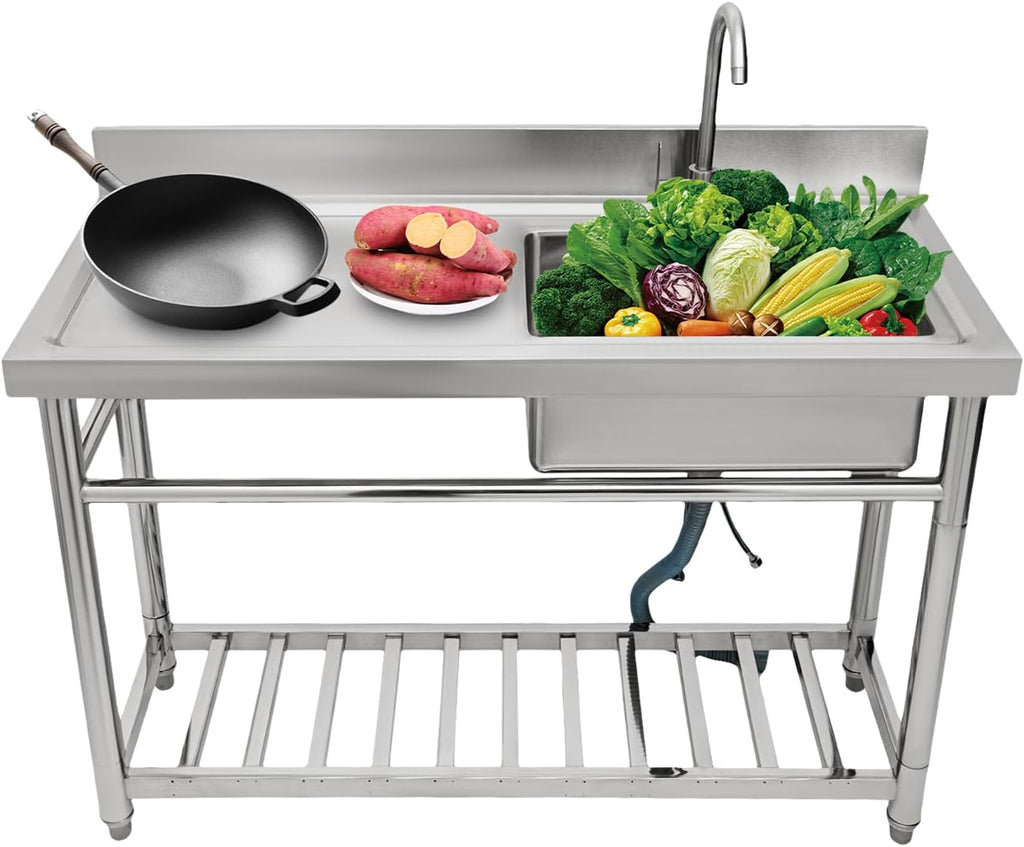 Stainless Steel Sink Single Bowl Commercial Utility Sink Free Standing Kitchen Sinks with Cold and Hot Water Faucets for Kitchens, Garage, Laundry Room (47.2'W x19.5'D x 36.6'H)