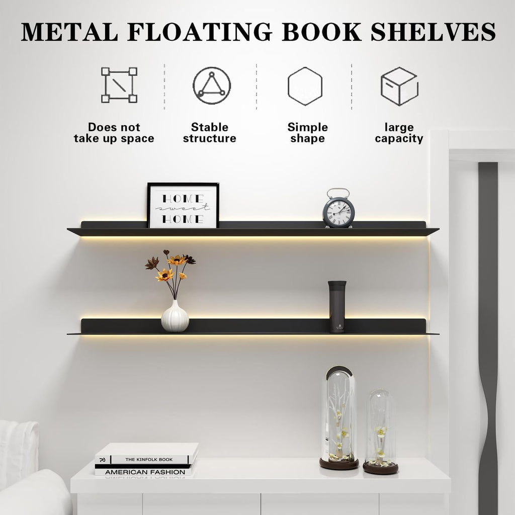 Corner Ledge Wall Shelf,Modern Metal Wall Mounted Floating Shelf with Built in LED Light for Commercial Bar Living Room Bathroom White 26.6in