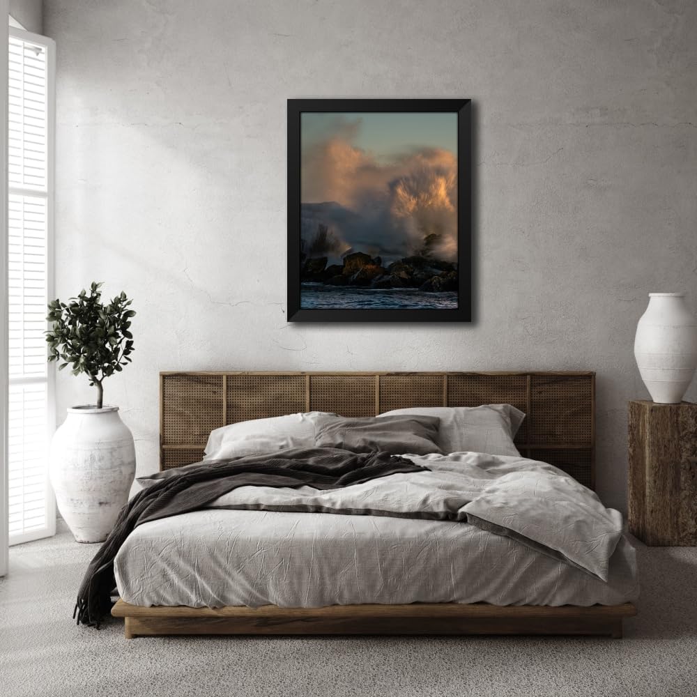 ArtDirect Minnesota-Lake Superior Lake waves breaking on rocks at sunset 28x34 Extra Large Black Modern Wood Framed Art Print by Jaynes Gallery