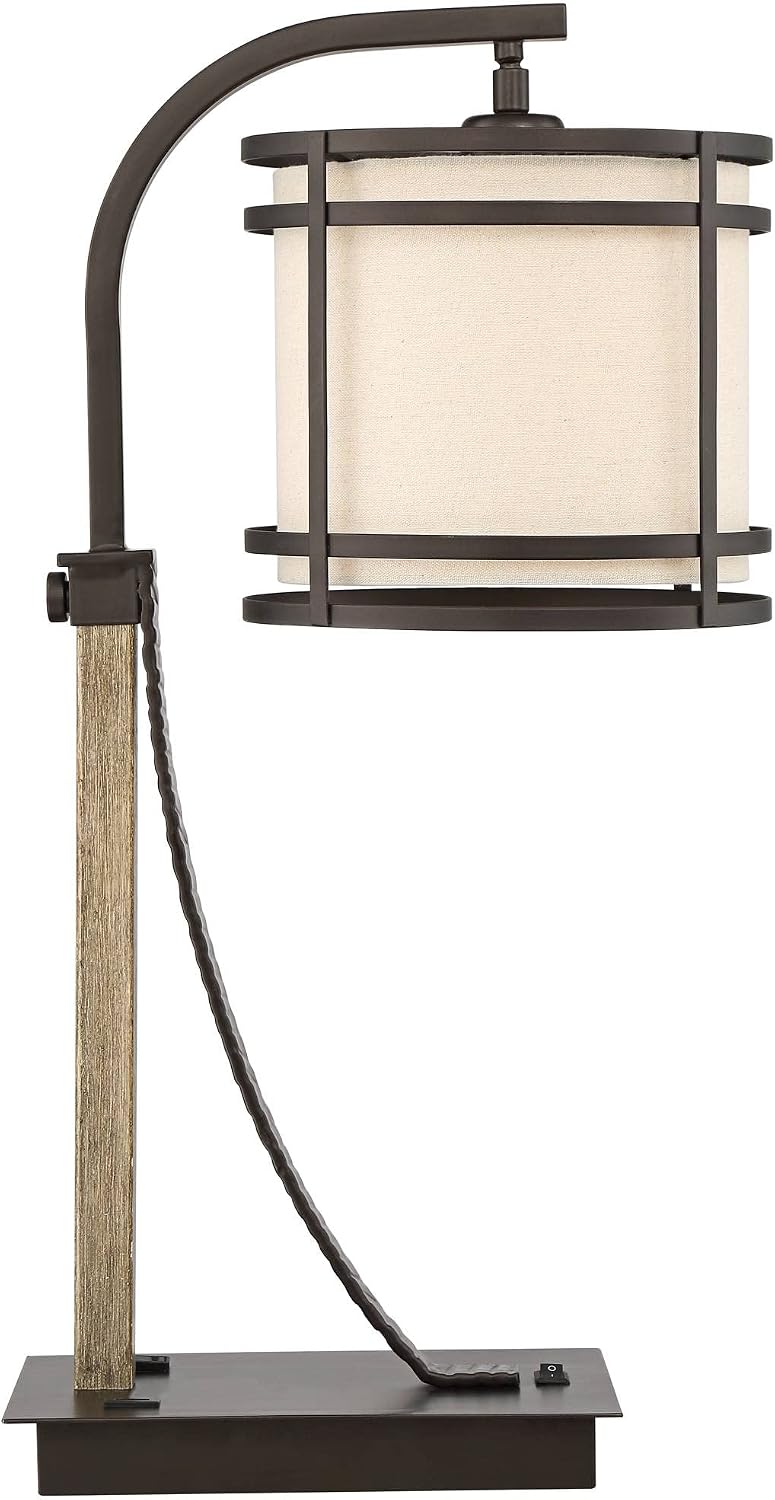 Franklin Iron Works Gentry Industrial Desk Table Lamp 22' High with USB and AC Power Outlet in Base Oil Rubbed Bronze Faux Wood Metal Cage Oatmeal Drum Shade for Cottage Core Bedroom Desk